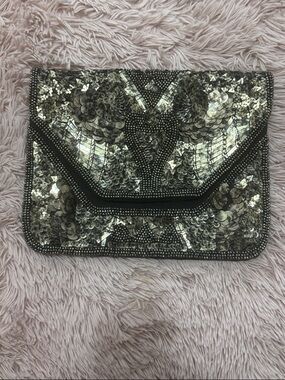 America & Beyond Silver Beaded Sequin Envelope Clutch Bag